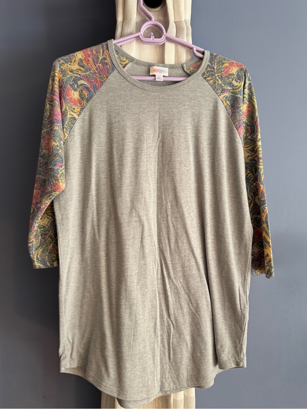 LuLaRoe Beige Raglan Top with Multicolor Patterned Sleeves